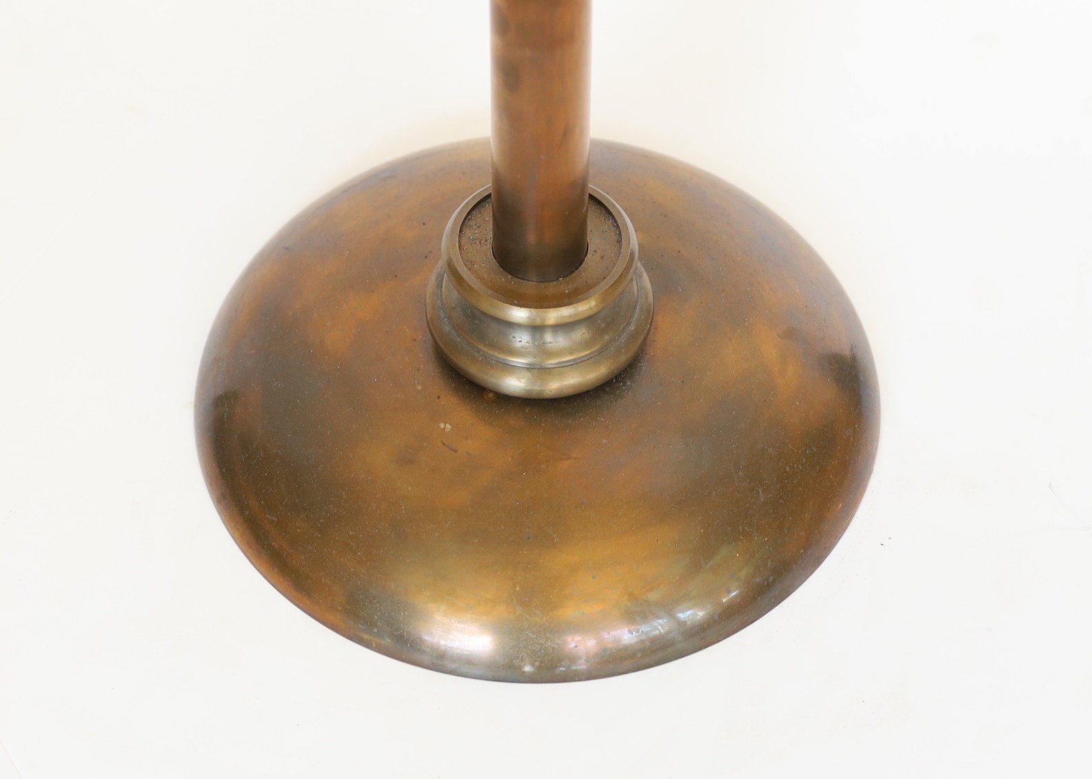 An Edwardian style bronzed metal telescopic lamp standard with adjustable shade, height 169cm